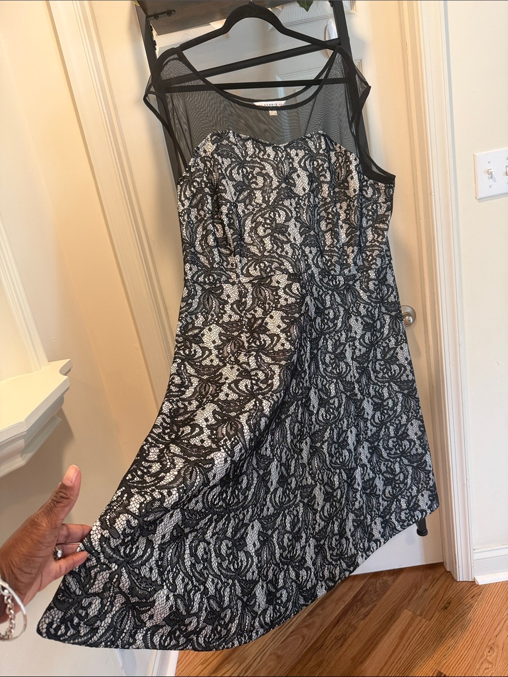 Elegant Flowy Black Lace Overlay A-Line Dress with Sheer Yoke Wedding Funeral